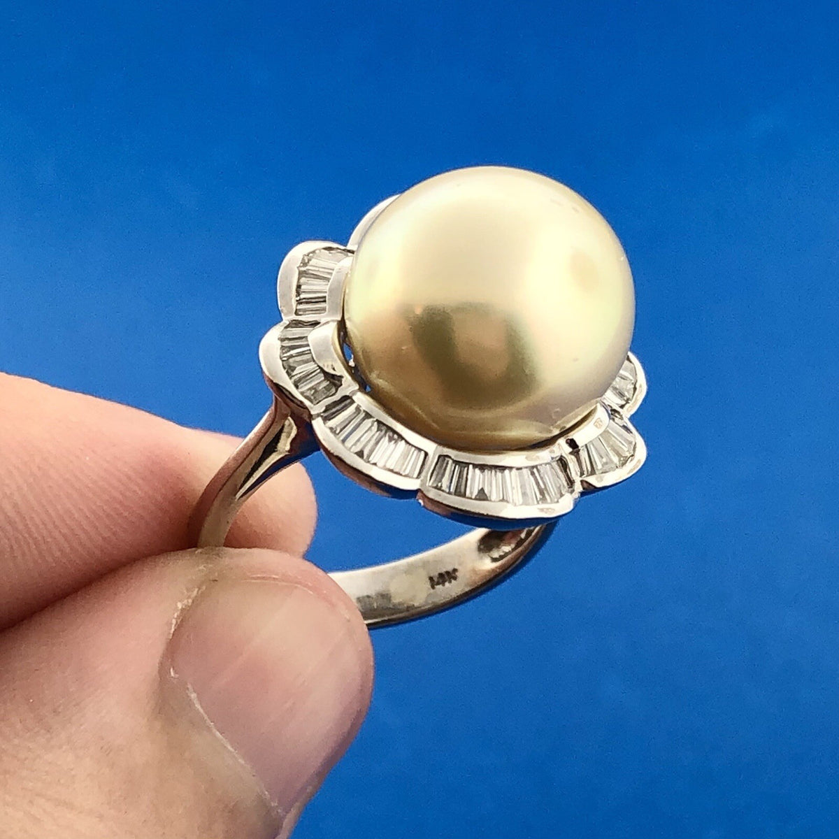 Stunning Estate 14K White Gold Pearl Diamond Baguette Halo Statement Ring