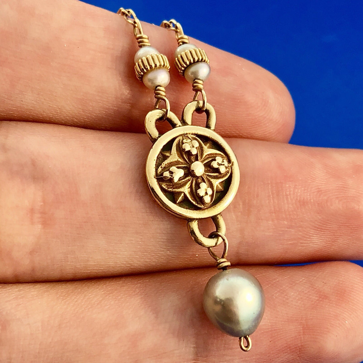 Mignon Faget 14K Yellow Gold Small Medallion Baroque Pearl Drop Toggle Necklace