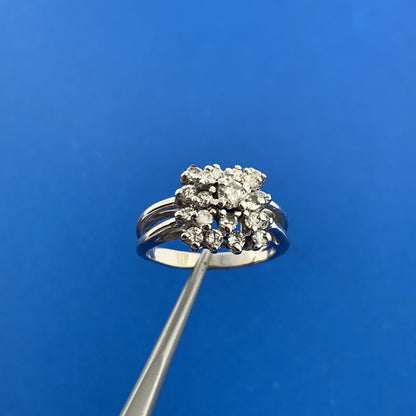 Vintage 14K White Gold Round Diamond Square Top Cluster Anniversary Dinner Ring