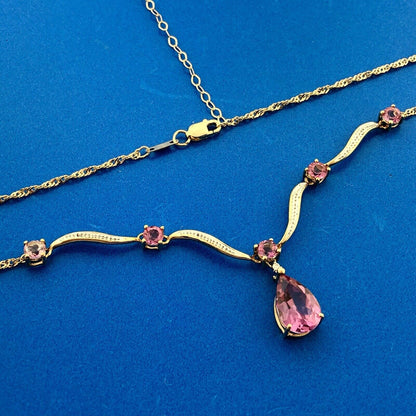 Designer AJ 14K Yellow White Gold Pink Sapphire Solitaire Diamond Necklace