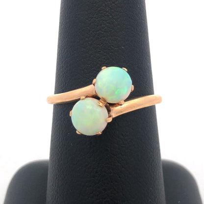 Retro 14K Yellow Gold Fire Opal Duo Bypass October Birthstone Cocktail Ring