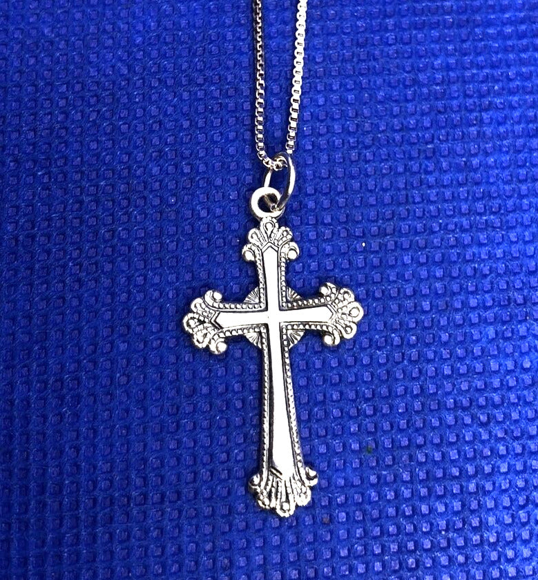 Designer 925 Sterling Silver Bead Scroll Petit Point Cross Necklace