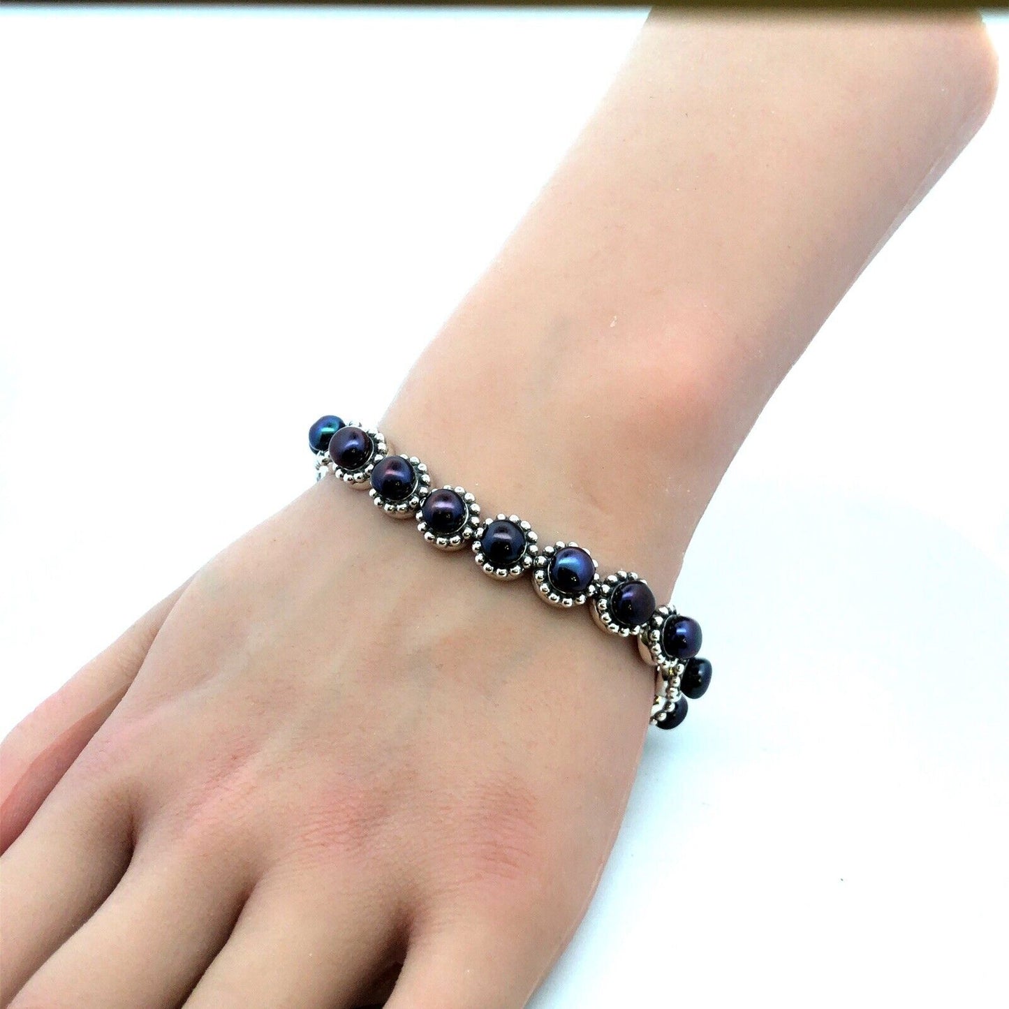 Designer 925 Sterling Silver Round Tahitian Pearl Tennis Bracelet