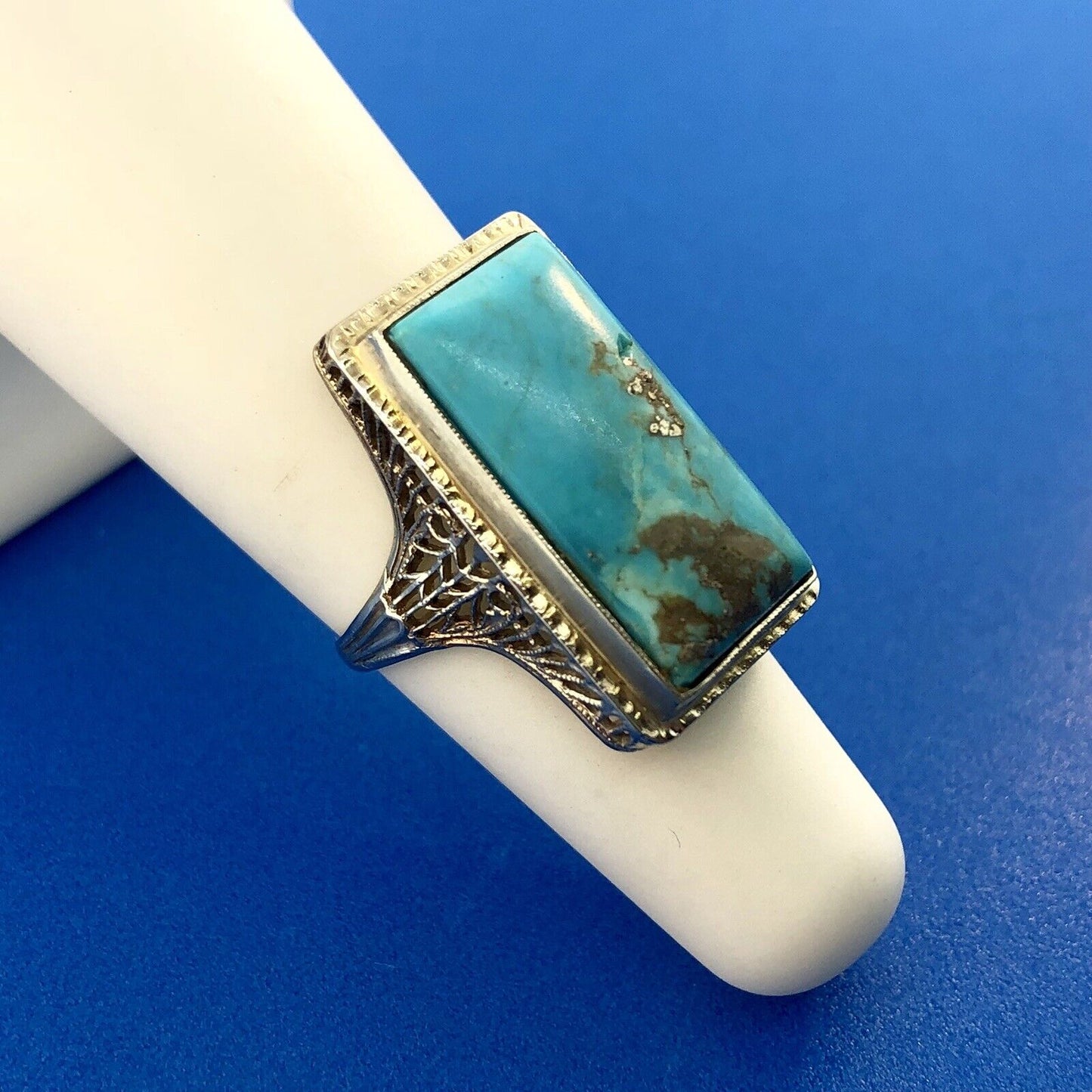 Art Deco Designer G & Co 14K White Gold Turquoise Filigree Statement Dinner Ring