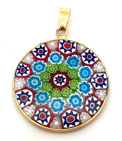 AMV Italy Sterling Silver Gold Vermeil Round Colorful Millefiori Glass Pendant