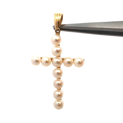Designer 14K Yellow Gold Round White Pearl Cross Pendant