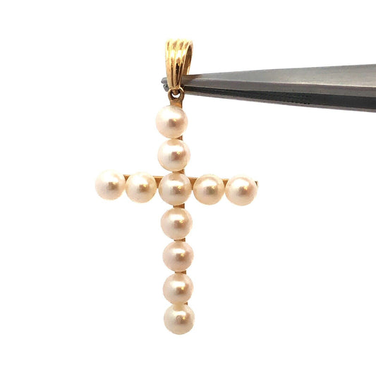 Designer 14K Yellow Gold Round White Pearl Cross Pendant