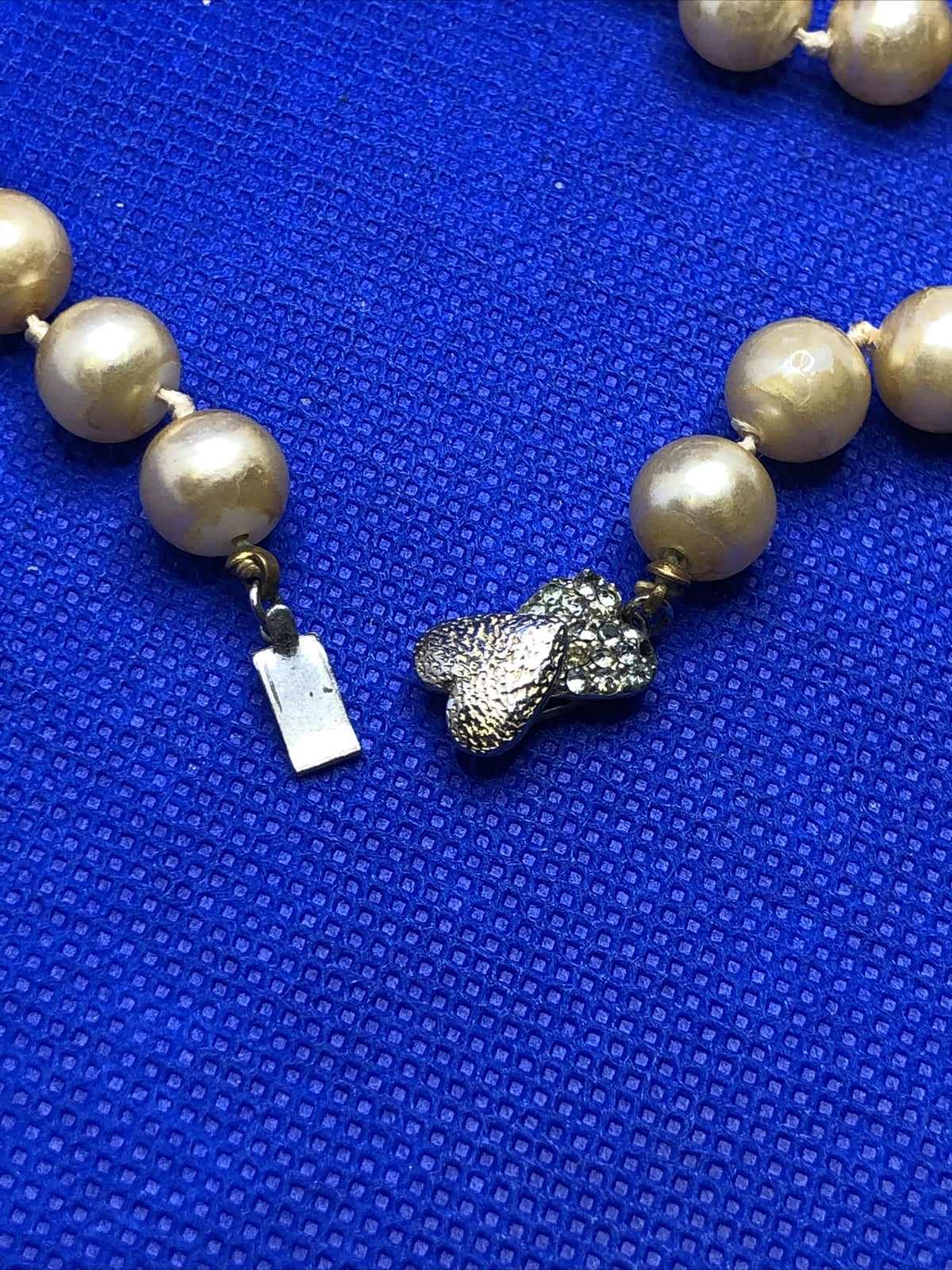 Castlecliff Gold Tone Faux Pearl Rhinestone Heart Clasp Hand Knotted Necklace