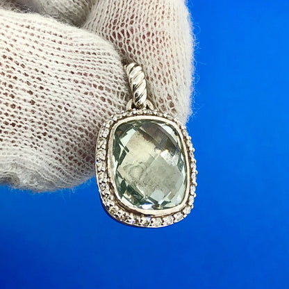 David Yurman DY Sterling Silver 925 Faceted Green Quartz Diamond Dangle Pendant