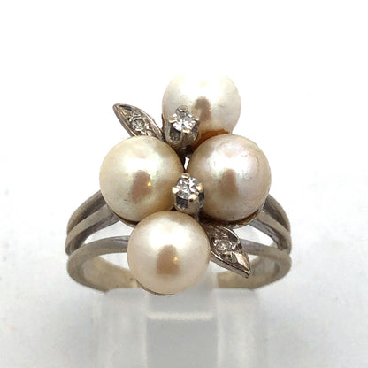 14K White Gold Pearl Diamond Cluster Bridal Anniversary Birthday Cocktail Ring