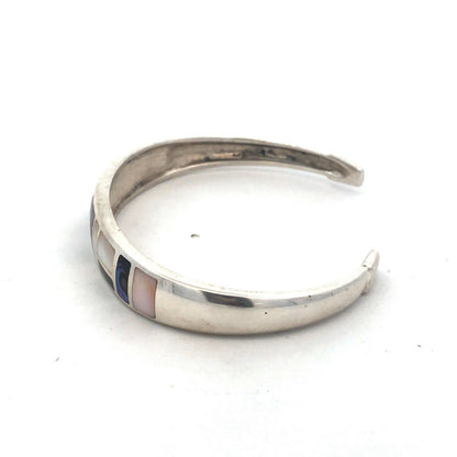 Designer Sterling Silver Abalone Mother Of Pearl Onyx Inlay Open Cuff Bracelet