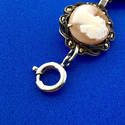 Art Deco Sterling Silver 925 Carved Cameo Marcasite Accented Panel Bracelet
