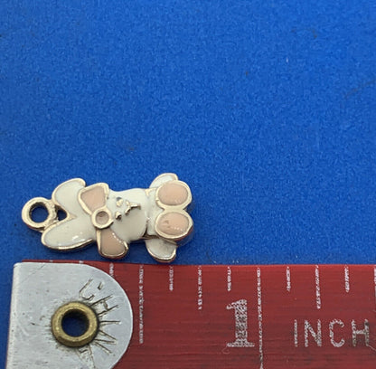 Vintage 10K Yellow Gold White and Pink Enamel Baby Girl Bunny Charm Pendant