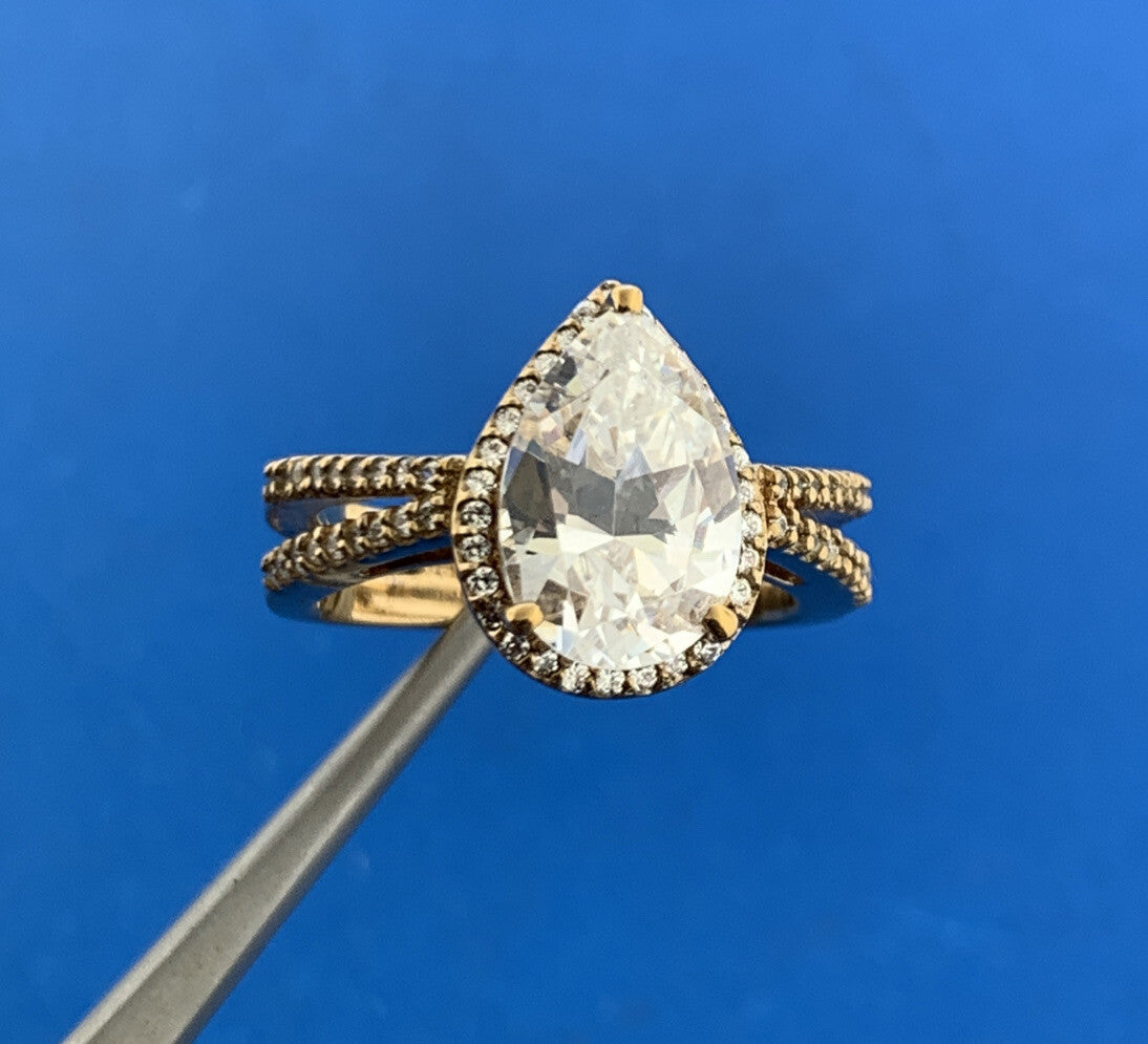 Designer Sterling Silver Vermeil Pear Cubic Zirconia Solitaire w/Accents Ring