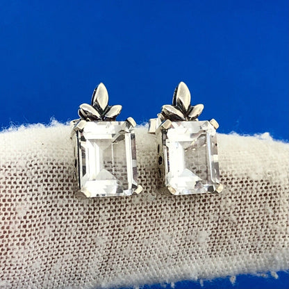 Stunning Sterling Silver 925 Emerald Cut Quartz Friction Back Stud Earrings