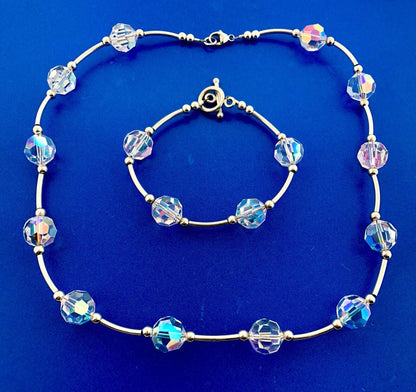 Stunning 925 Sterling Silver Aurora Borealis Cyrstal Bead Bracelet Necklace Set
