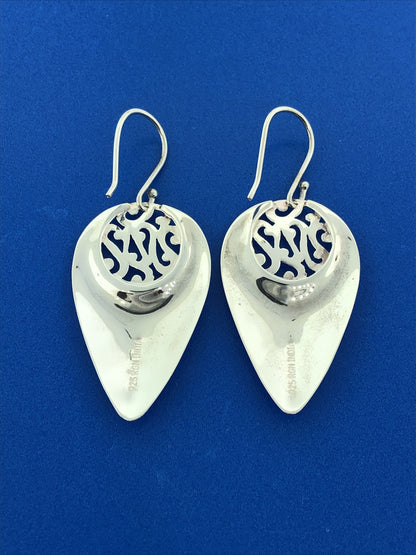 Designer RGN 925 Sterling Silver Hammered Open Scroll Pear Drop Dangle Earrings