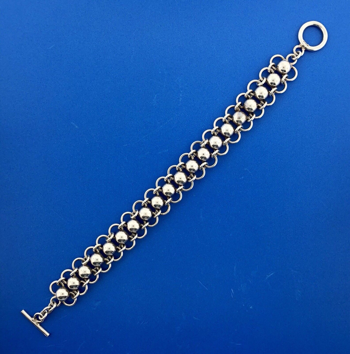 Vintage Sterling Silver 925 Bead Ball Open Work Statement Toggle Bracelet