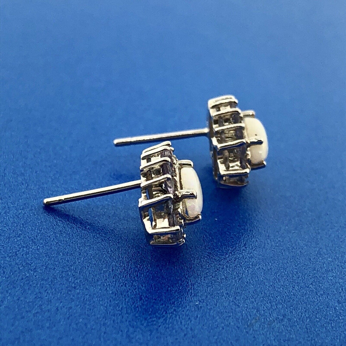 Designer 14K White Gold Marquise Opal Tanzanite Halo October Stud Earrings