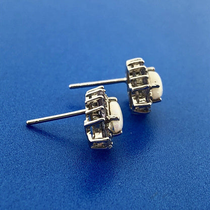 Designer 14K White Gold Marquise Opal Tanzanite Halo October Stud Earrings