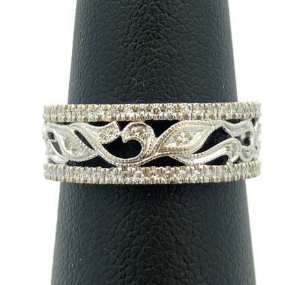 Neil Lane 14K White Gold Pave Diamond Floral Scroll Cutout Wedding Band Ring