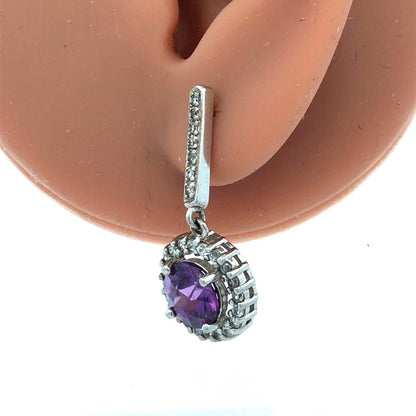Designer Sterling Silver Round Purple Cubic Zirconia CZ Halo Dangle Earrings