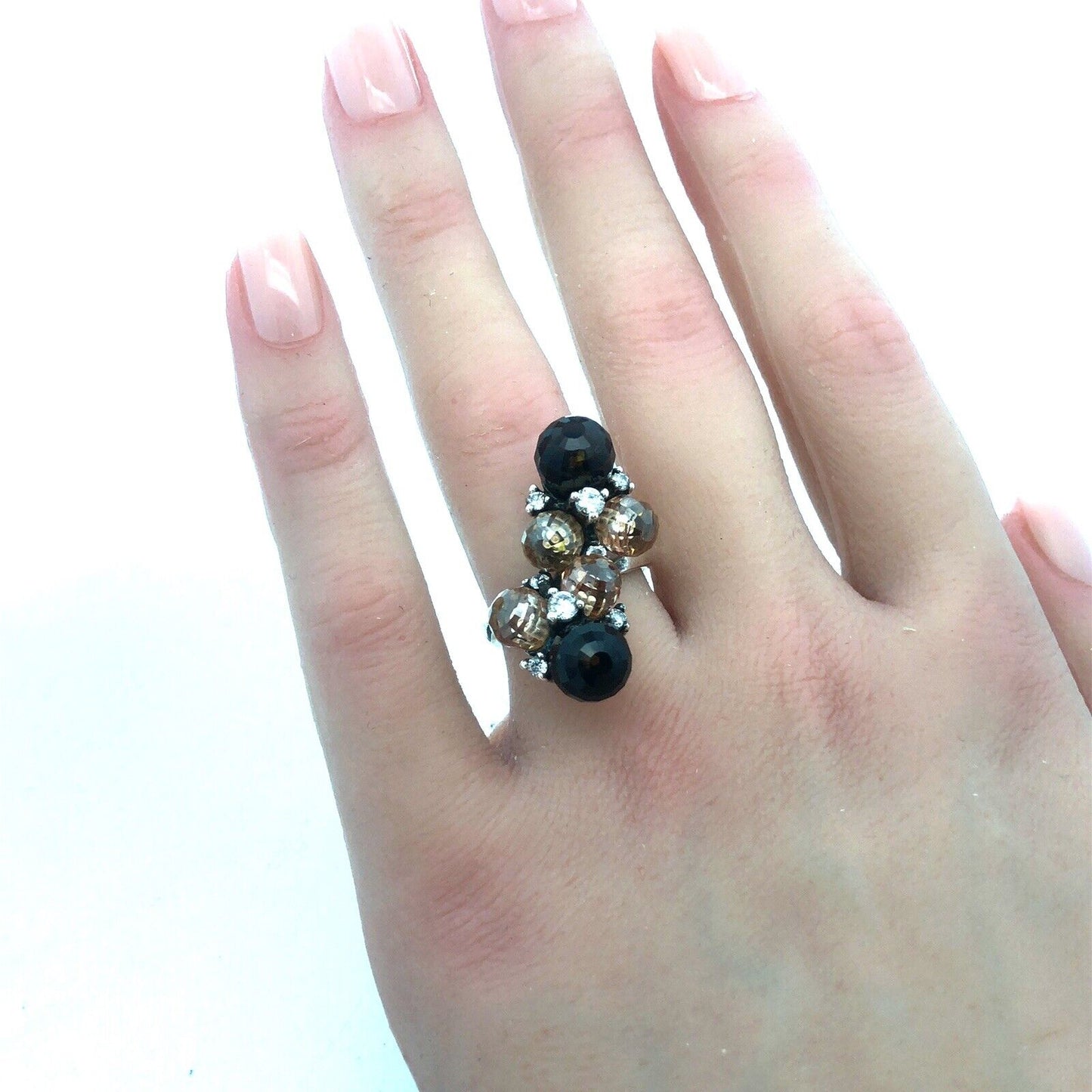 Vintage 925 Sterling Silver Faceted Brown White Cubic Zirconia Ball Cluster Ring
