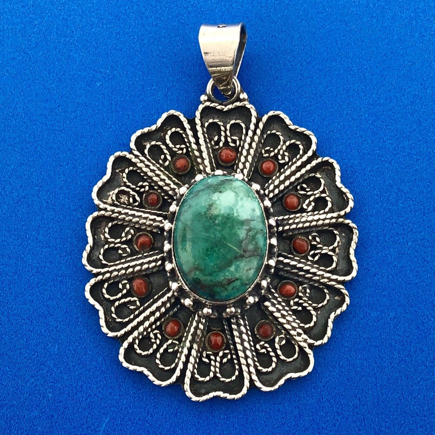 Stunning Sterling SIlver 925 Cabochon Turquoise Coral Accent Floral Pendant