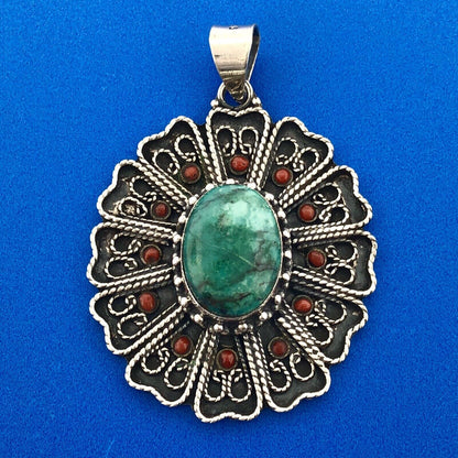 Stunning Sterling SIlver 925 Cabochon Turquoise Coral Accent Floral Pendant