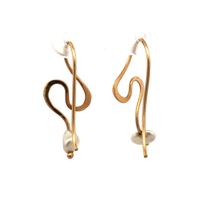 Estate 14K Yellow Gold Pearl Swirl Dangle Drop Modernist Hook Earrings