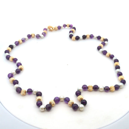 Estate 14K Yellow Gold Round White Pearl Purple Amethyst Beaded Necklace