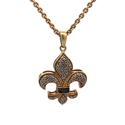 925 Sterling Silver Gold Vermeil Round Diamond Fleur De Lis Necklace