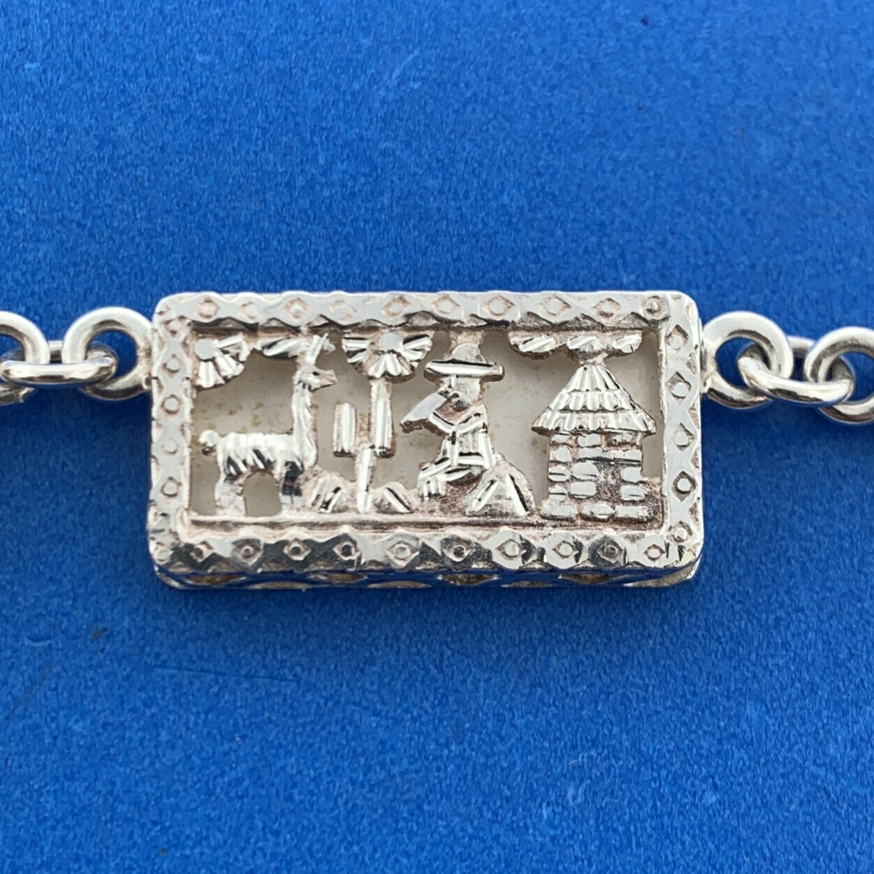 Vintage 925 Sterling Silver Malachite Aztec Incan Village Scene Panel Necklace