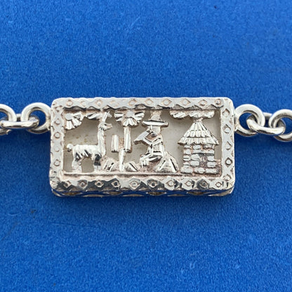 Vintage 925 Sterling Silver Malachite Aztec Incan Village Scene Panel Necklace