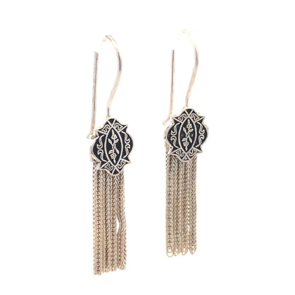 Vintage 925 Sterling Silver Floral Scroll Wheat Chain Drop Dangle Hook Earrings