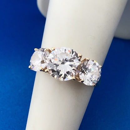 Stunning 14K Yellow Gold Cubic Zirconia CZ Round Trio Statement Engagement Ring