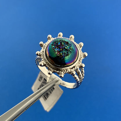 Designer RGN 925 Sterling Silver Druzy Quartz Round Cabochon Solitaire Ring NWT