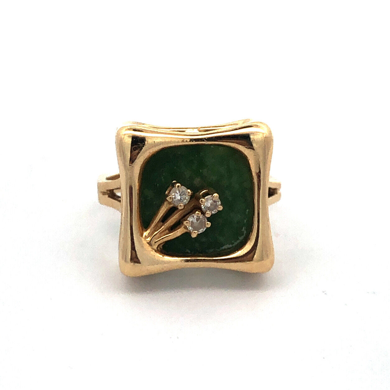 Designer 14K Yellow Gold Green Square Jade Diamond Modernist Statement Ring