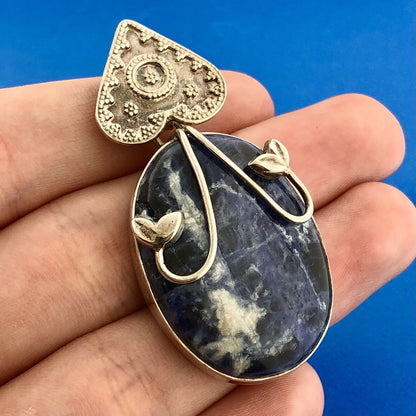 Vintage 925 Sterling Silver Lapis Lazuli Floral Beadwork Statement Pendant