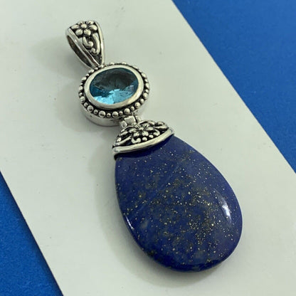 AF Sterling Silver Lapis-Lazuli Blue Cubic Zirconia Balinese Style Drop Pendant