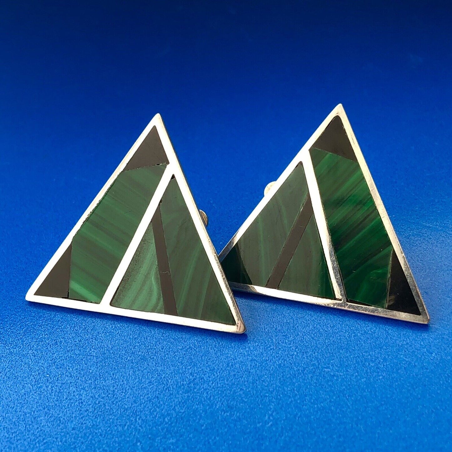 Vintage Sterling Silver 925 Modernist Malachite Onyx Statement Clip Earrings
