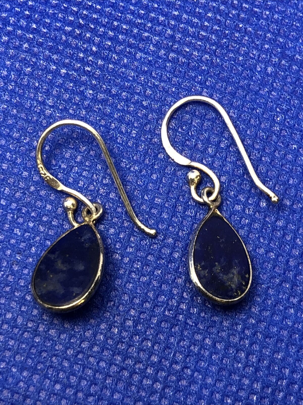 Vintage 925 Sterling Silver Pear Shape Lapis Lazuli Hook Dangle Earrings