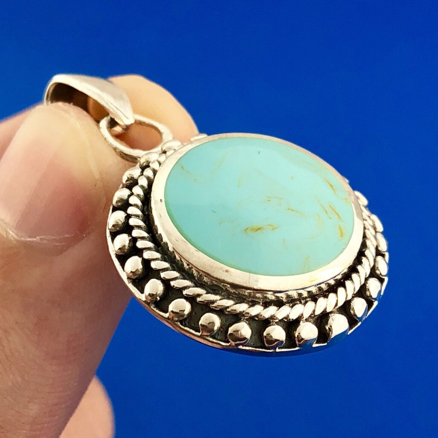 Designer 925 Sterling Silver Turquoise Art Glass Cabochon Bead Work Disc Pendant