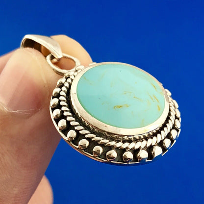 Designer 925 Sterling Silver Turquoise Art Glass Cabochon Bead Work Disc Pendant