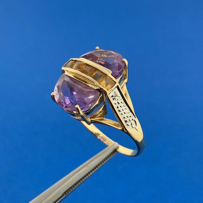 Designer THL 10K Yellow Gold Amethyst Citrine Diamond Accent Statement Ring