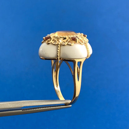 Designer 14K Yellow Gold Citrine Orange Tourmaline White Agate Statement Ring