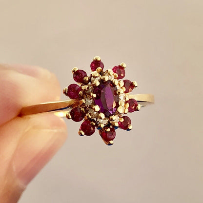 Designer 14K Yellow Gold Ruby Diamond 3 Tier Cluster Engagement Cocktail Ring