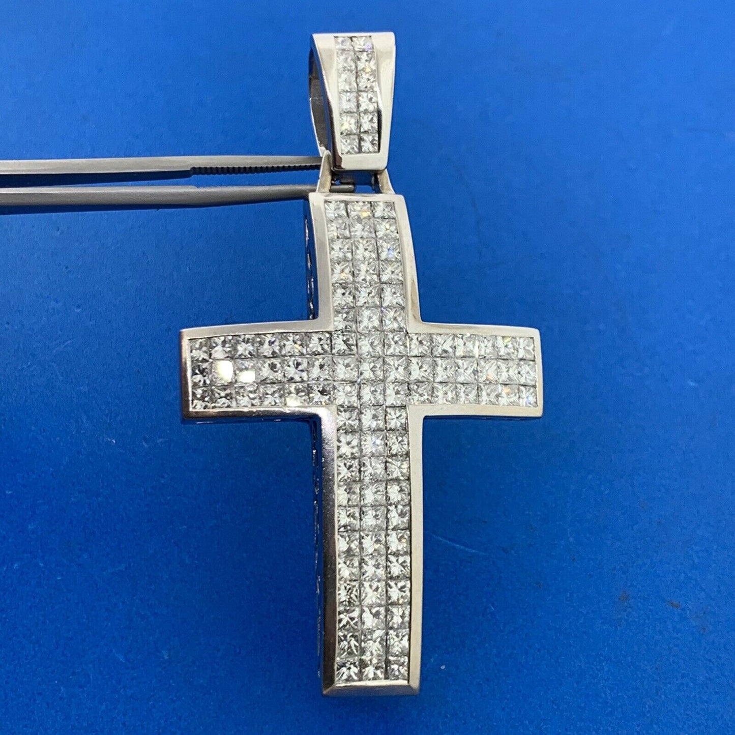 Custom 18K White Gold Princess Diamond Encrusted Statement Cross Pendant