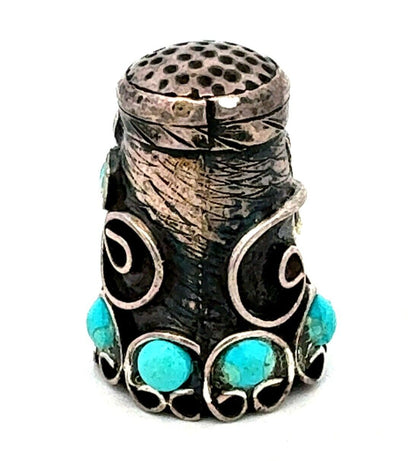 Vintage Taxco Mexico 925 Sterling Silver Turquoise Vines Scroll Thimble