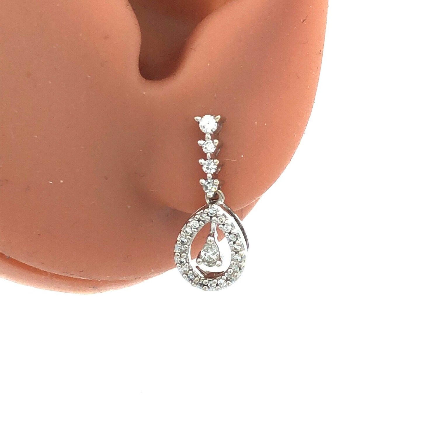 Designer 14K White Gold Pear Round Diamond Dangle Drop Earrings